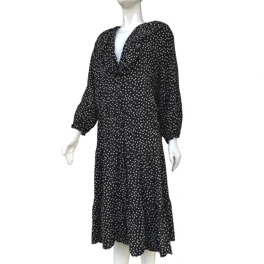 Polka Dot Tiered Midi Dress Black White Ruffle V-Neck Parisian‎ Chic Boho Size M